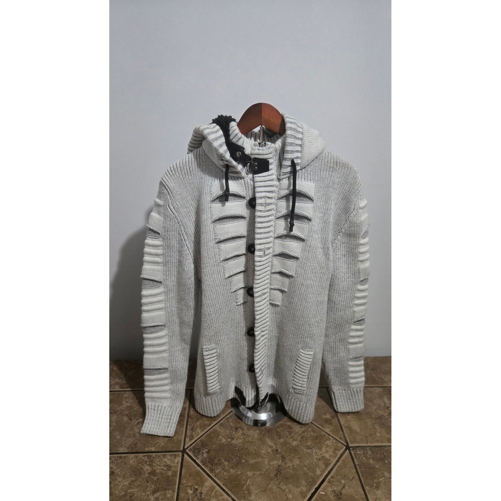 Leif Nelson Mens Gray Ribbed Knit Hooded Cardigan Sweater Distressed XL